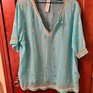 Turquoise Embroidered V-Neck Women's Tunic with gold details. Size 1X.